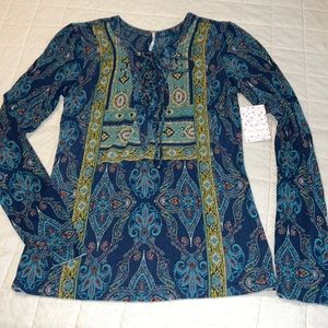 Free People Navy Blue Paisley Tie-Neck Blouse with Teal & Olive Accents